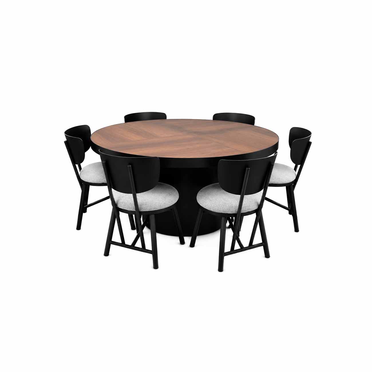 Set comedor redondo Nairobi con 6 sillas Nairobi tapizadas en pixel ash