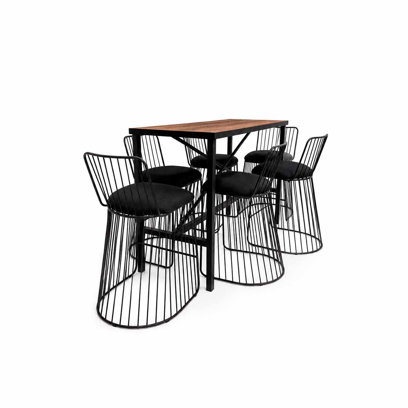 Set mesa barra Industrial con 6 bancos Arpa tapizados en Mar grafito