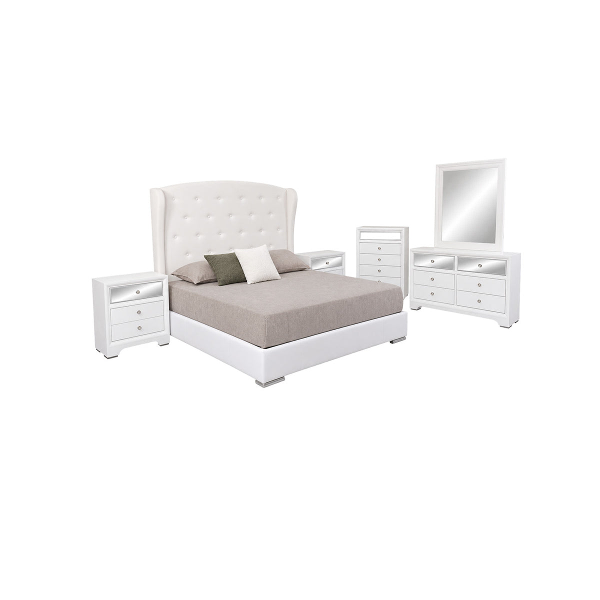 Recamara king size modelo Susy color blanco incluye cabecera, dos buró, comoda y tocador