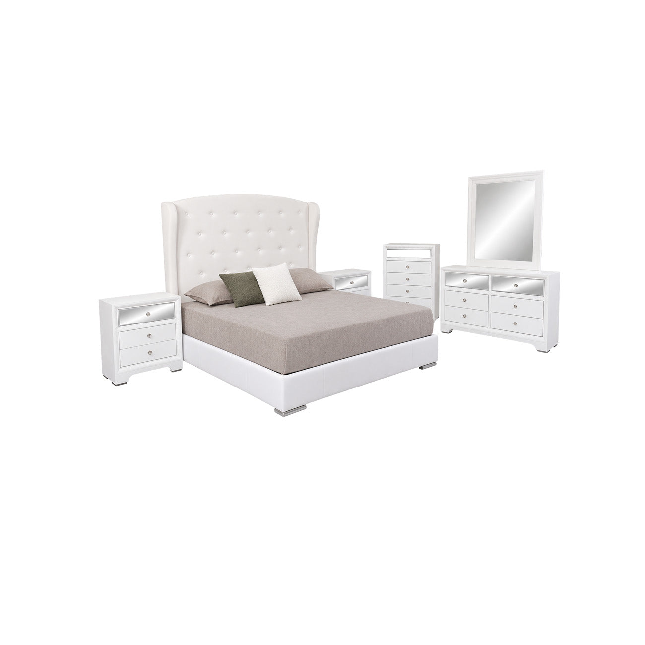 Recamara king size modelo Susy color blanco incluye cabecera, dos buró, comoda y tocador