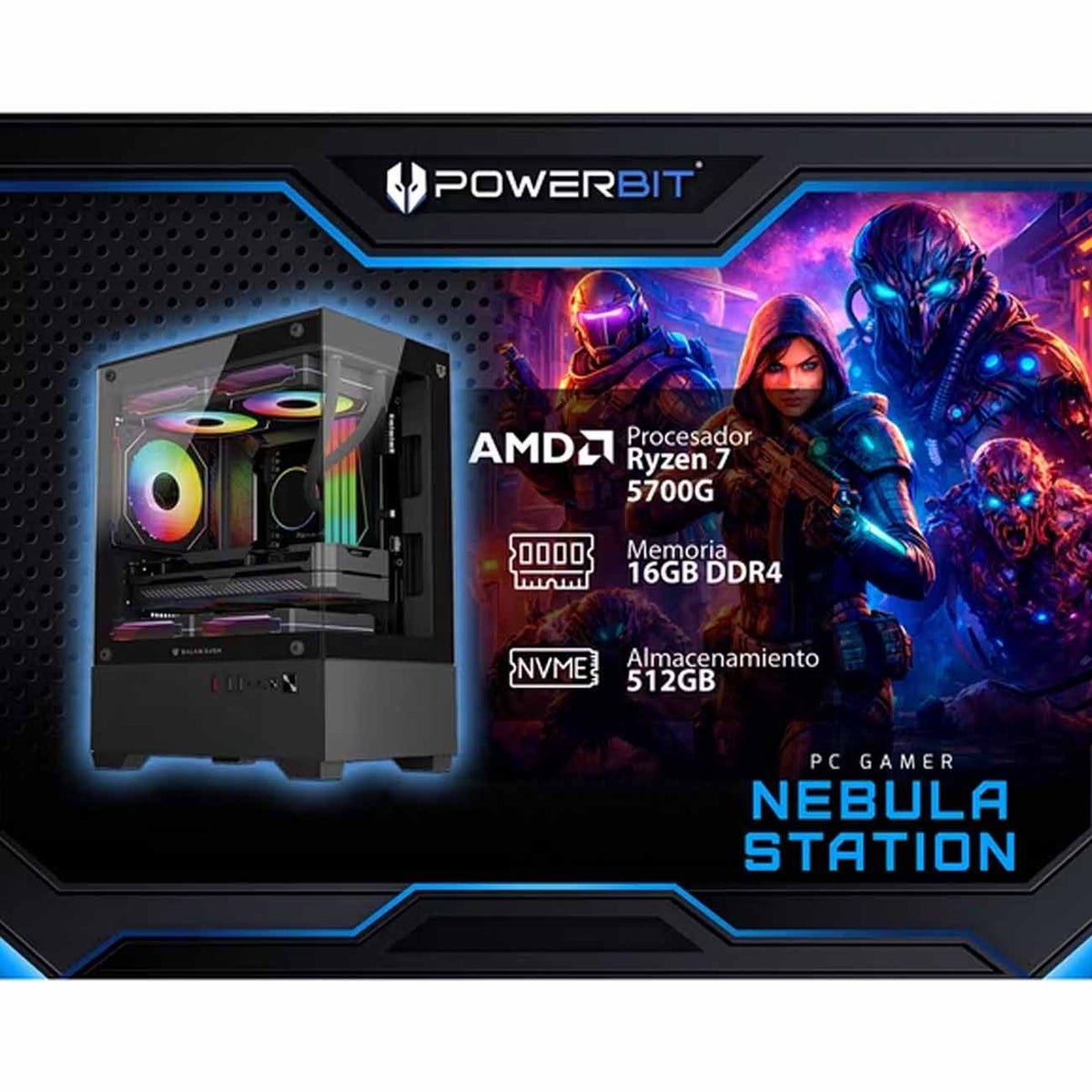 PC GAMER POWERBIT NEBULA STATION R7 5700G, 15 GB DDR4, M.2 DE 512 GB, VIDEO RADEON, W11H C/TECLADO