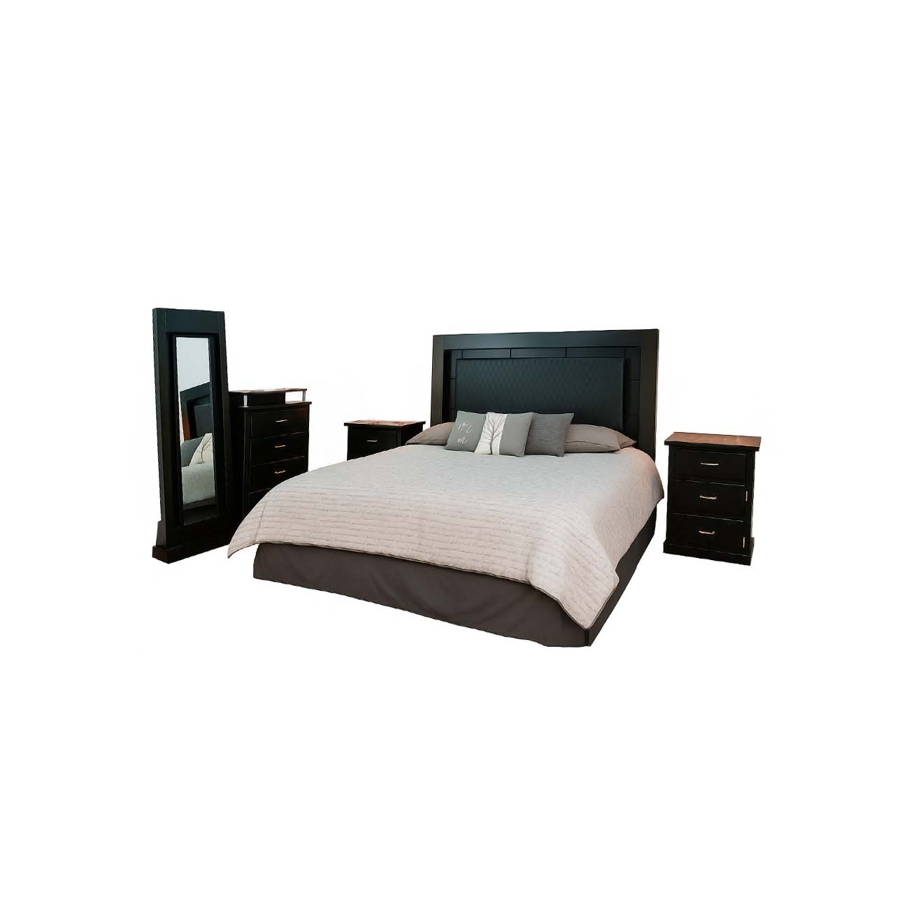 Recamara king size modelo Brighton color cafe incluye cabecera, dos buró, comoda y portaluna