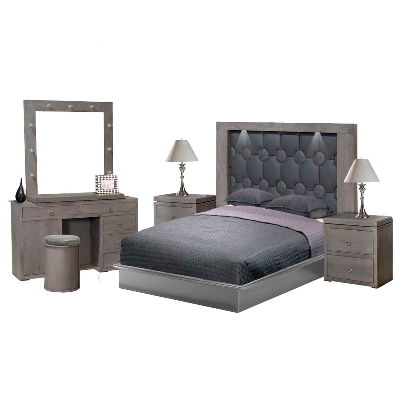 Recamara king size modelo Aston color gris incluye cabecera, dos buró y tocador con taburete