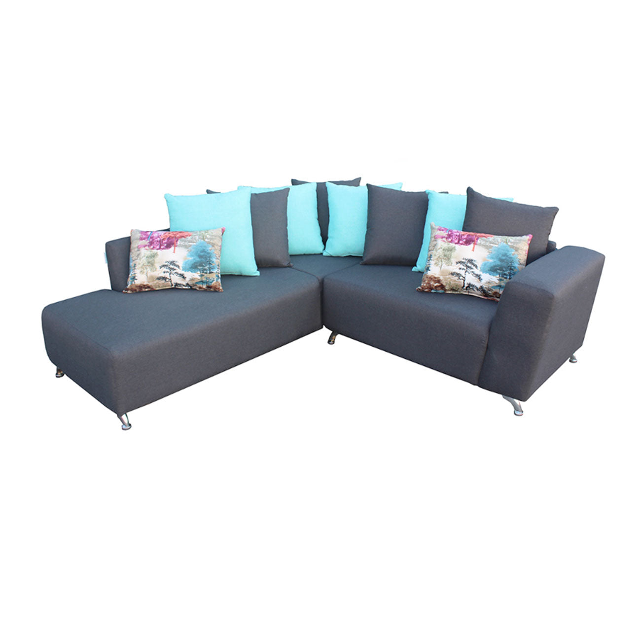 Sala seccional izquierda Nuria OP/ST en tela color gris oxford con cojines decorativos