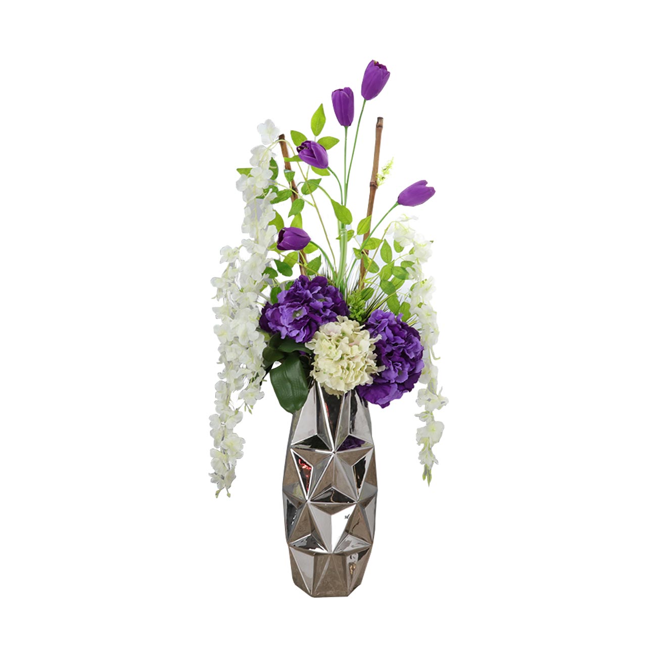 JARRON PLATEADO CON FLORES HORTENCIA MORADA
