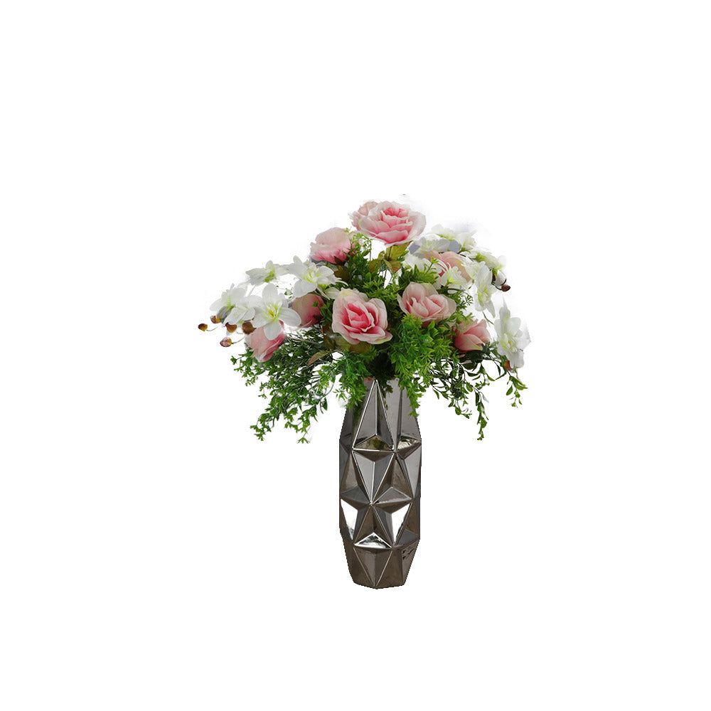 JARRON CERAMICO PLATA  CON ROSAS ROSAS