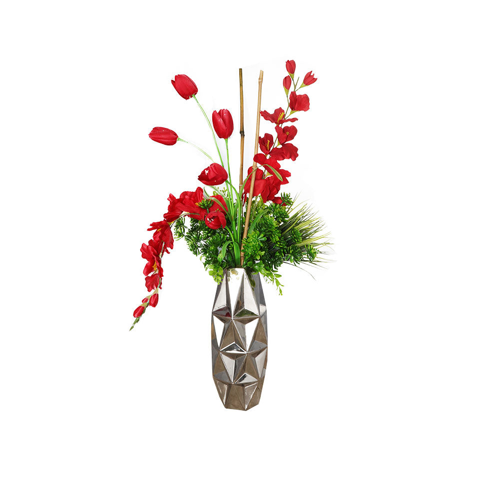 JARRON CERAMICO PLATA  CON TULIPAN ROJO