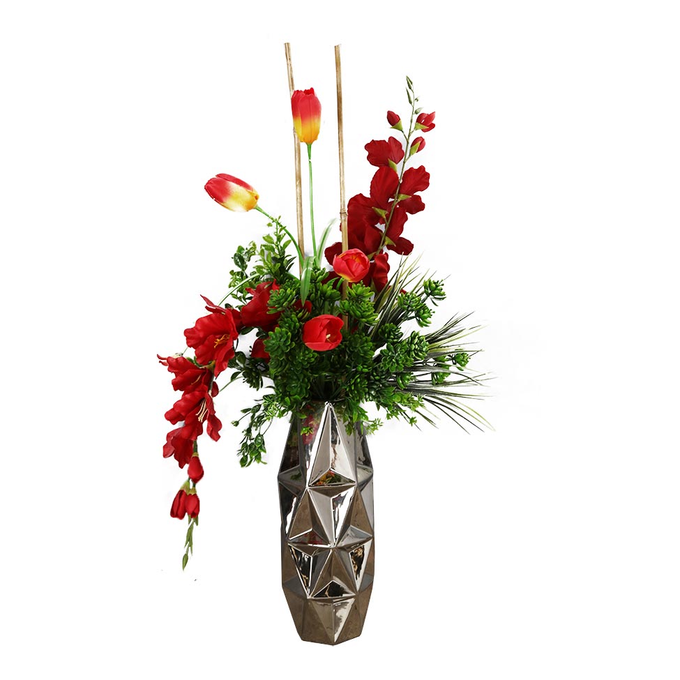 JARRON CERAMICO PLATA  TULIPAN ROJO AMARILLO