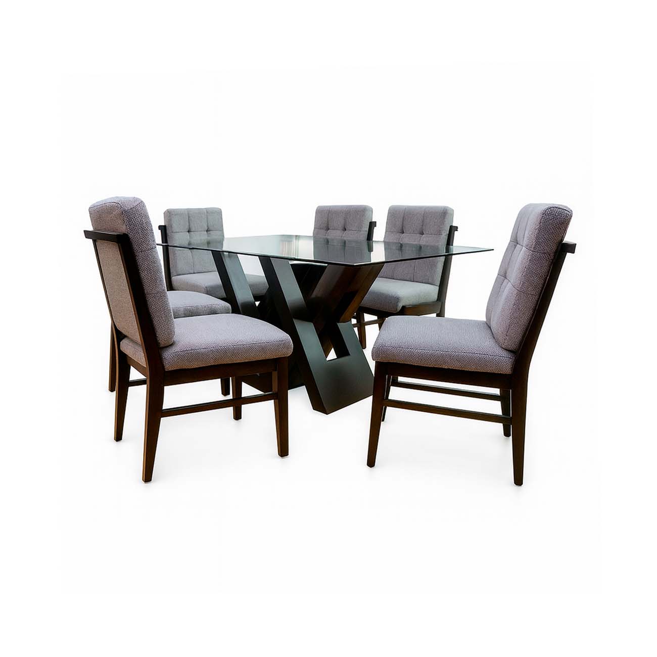 Comedor Pierre con base en color chocolate y cubierta de vidrio con 6 sillas
