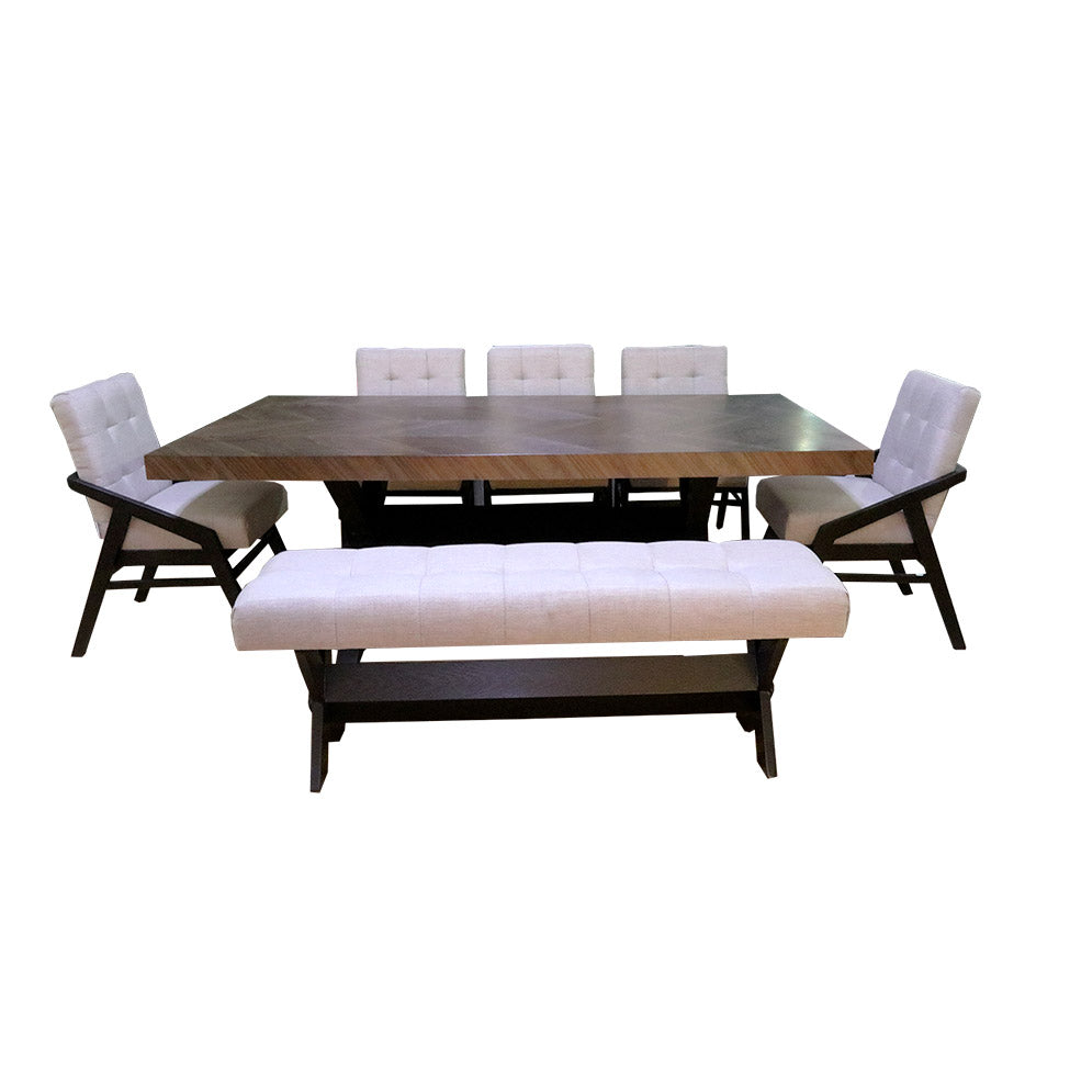 Comedor Walnut rectangular de 5 sillas y una banca