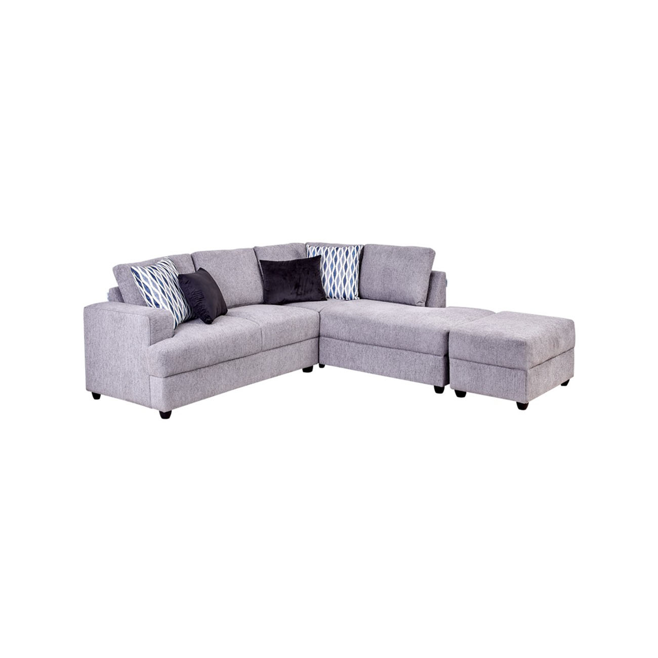 Sala modular Adela de tela color gris con cojines decorativos