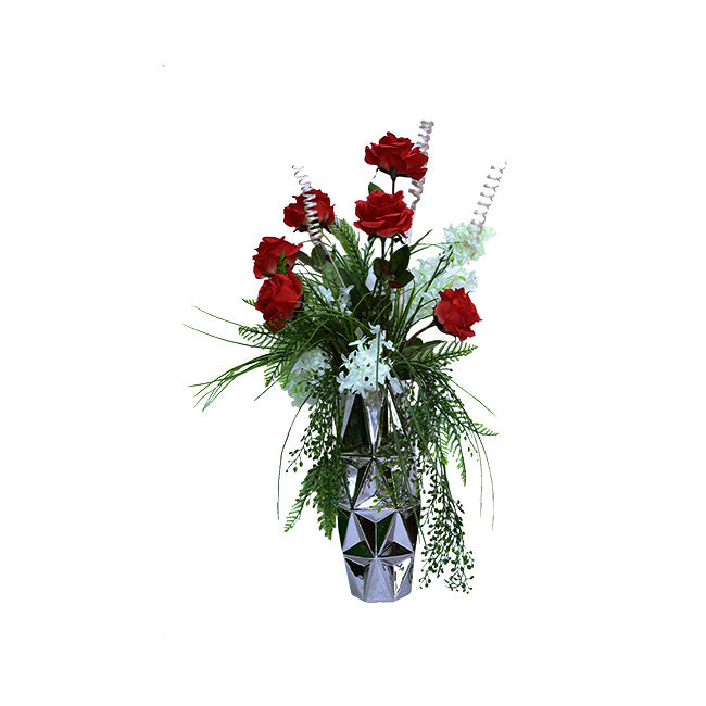 JARRON CERAMICO PLATA CON ROSAS ROJAS