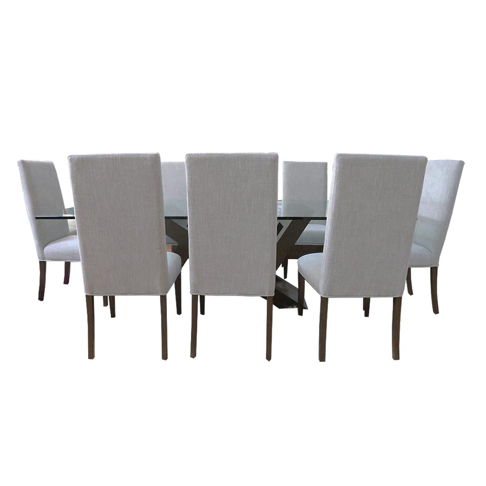 COMEDOR 8 SILLAS SAKA RECTANGULAR COLOR CASTANO CRISTAL RECT. 1.25X2.40X19mm CANTO RECTO SILLA ELEME