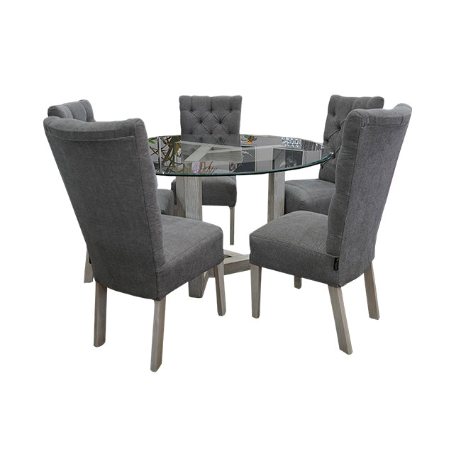 Comedor Holland redondo de 5 sillas color gris y vidrio redondo