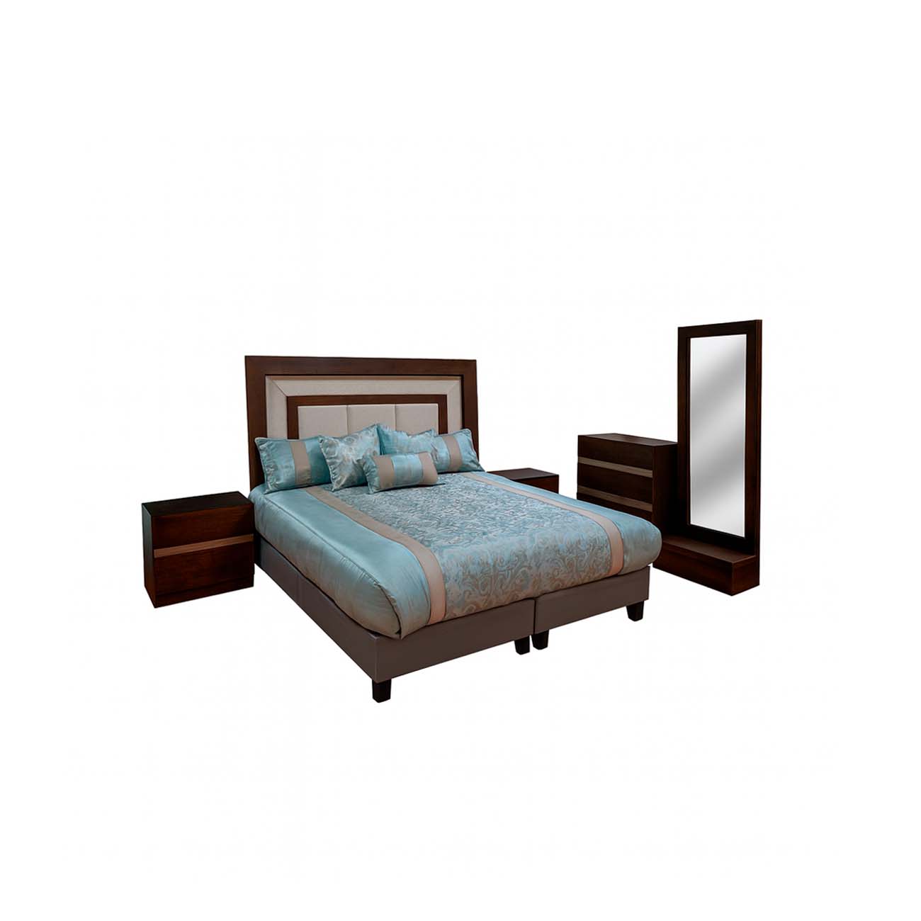 Recamara king size modelo Tazama color cafe incluye cabecera, dos buró, comoda y portaluna