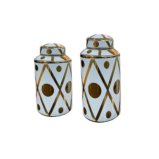 SET DE DOS JARRONES CON TAPA  BLACO CON DORADO