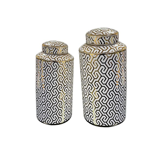 SET DE DOS JARRONES CON TAPA  BLACO CON DORADO