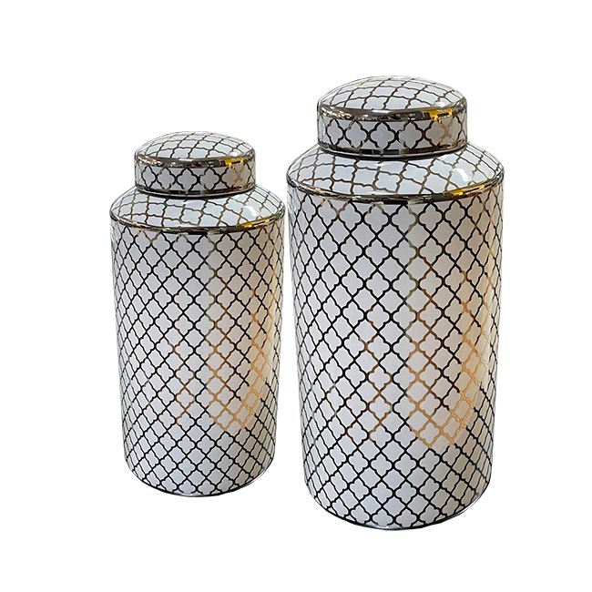 SET DE DOS JARRONES CON TAPA  BLACO CON PLATA