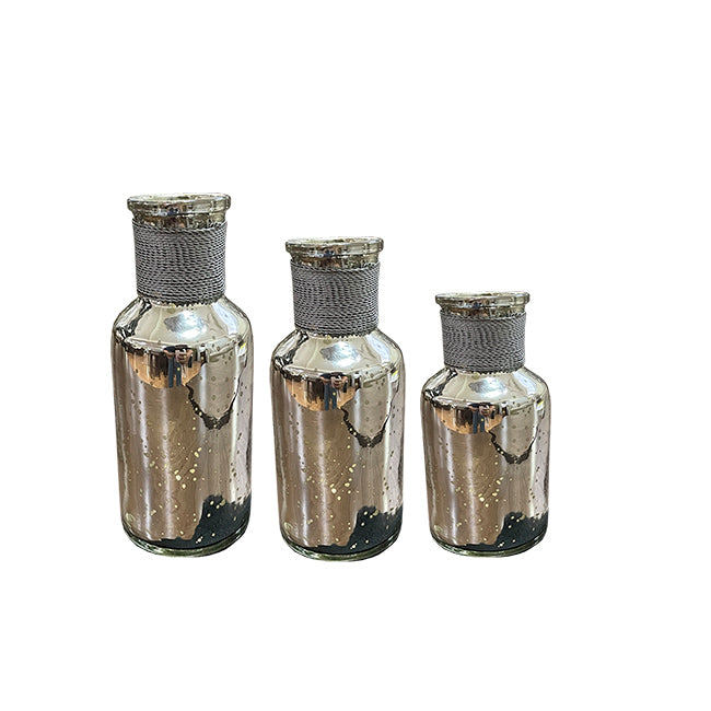 SET DE 3 BOTELLAS DE CRISTAL COLOR PLATA