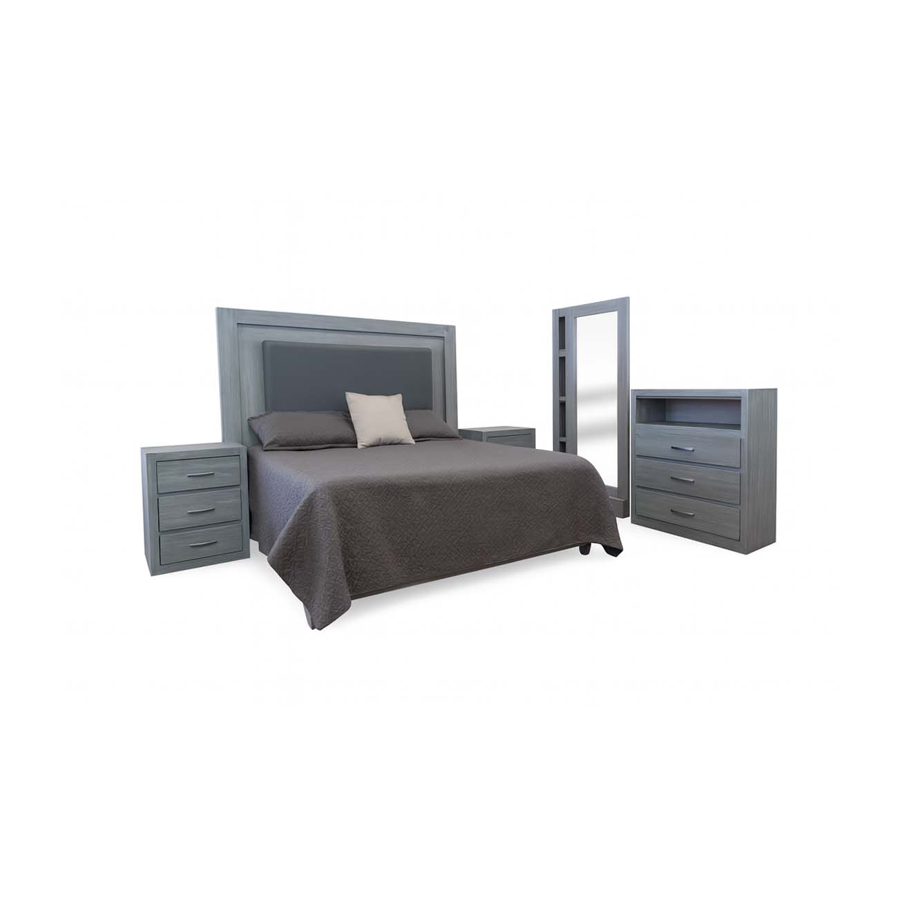 Recamara king size modelo San Diego color gris incluye cabecera, dos buró, comoda y portaluna