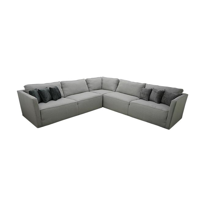 Sala modular Riana de tela color gris con cojines decorativos