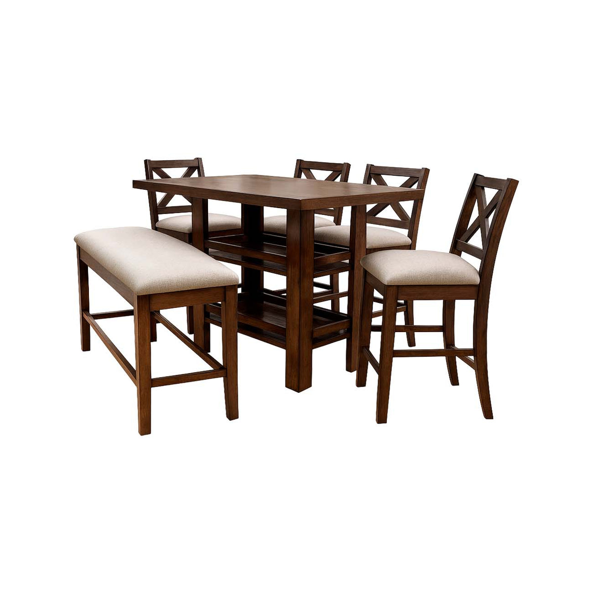 Comedor Merida alto de 4 bancos y banca nogal