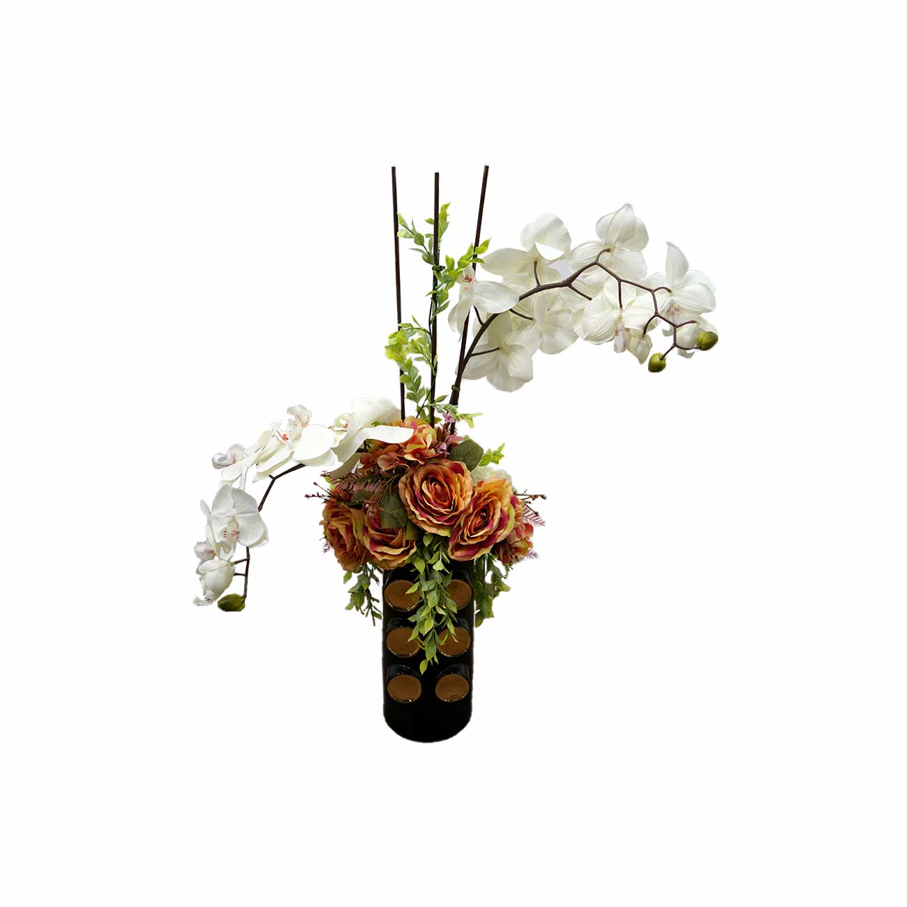 JARRON NEGRO CON DORADO GRANDE   VARA ORQUIDEA  CREMA, HORTENCIA DURAZNO