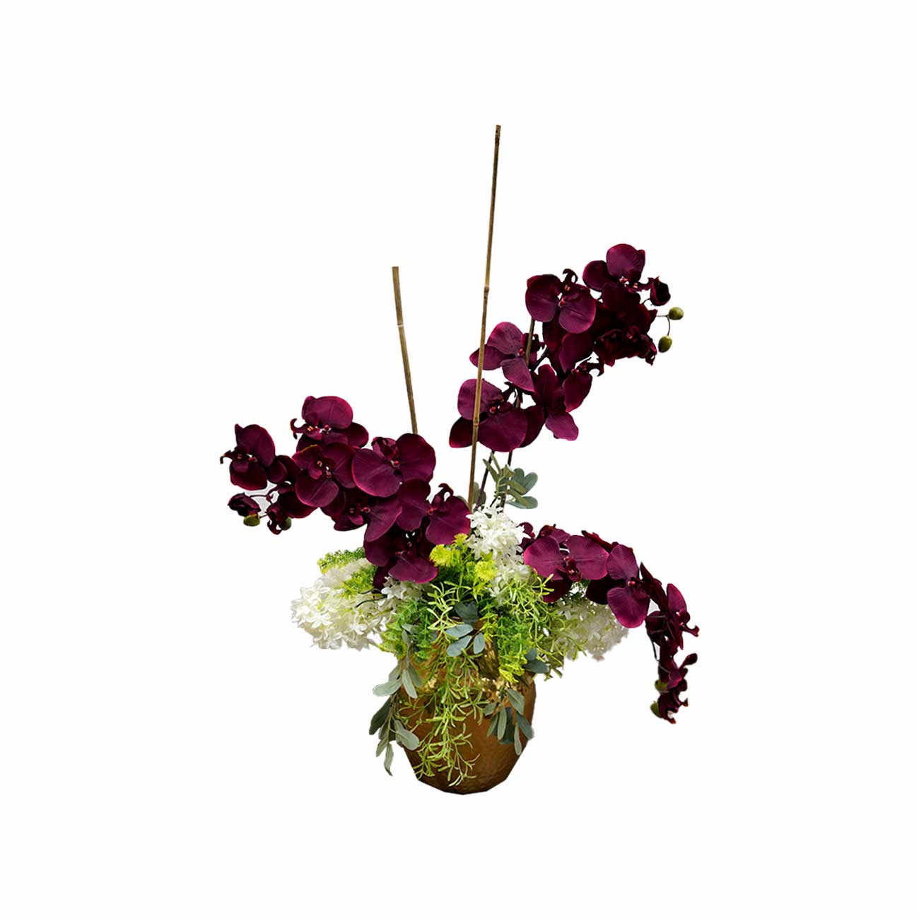 JARRON DORADO CON VARA ORQUIDEA BURGUNDY Y VARA YAZMIN