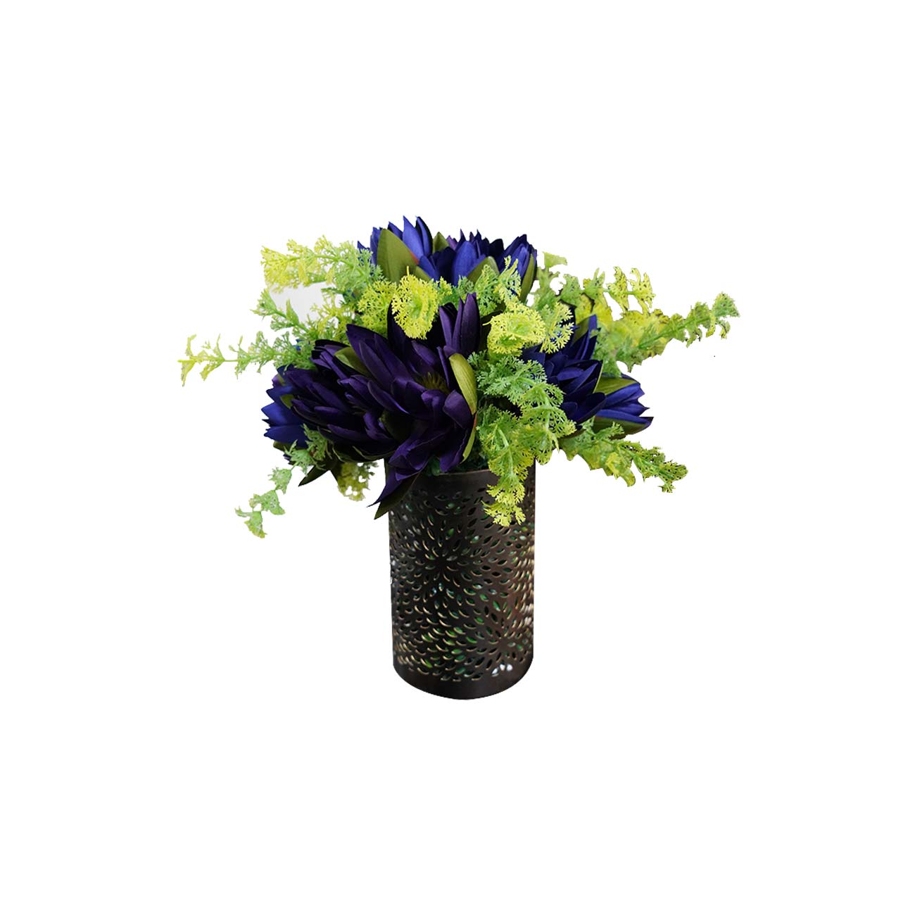 CANDELABRO CHICO BASE COBRE CON FLOR LOTO AZUL