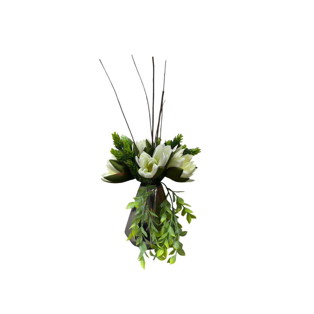 JARRON CERAMICO PLATA CON BOUQUETT LOTTO X6 BCO Y FOLLAJE PIÑA