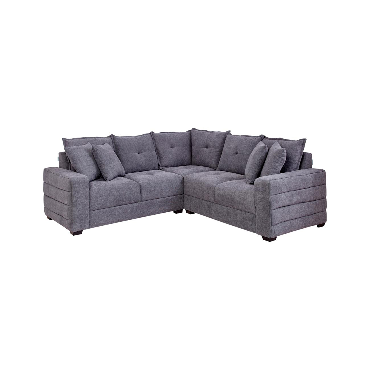 Sala modular Merida en tela color gris con cojines decorativos