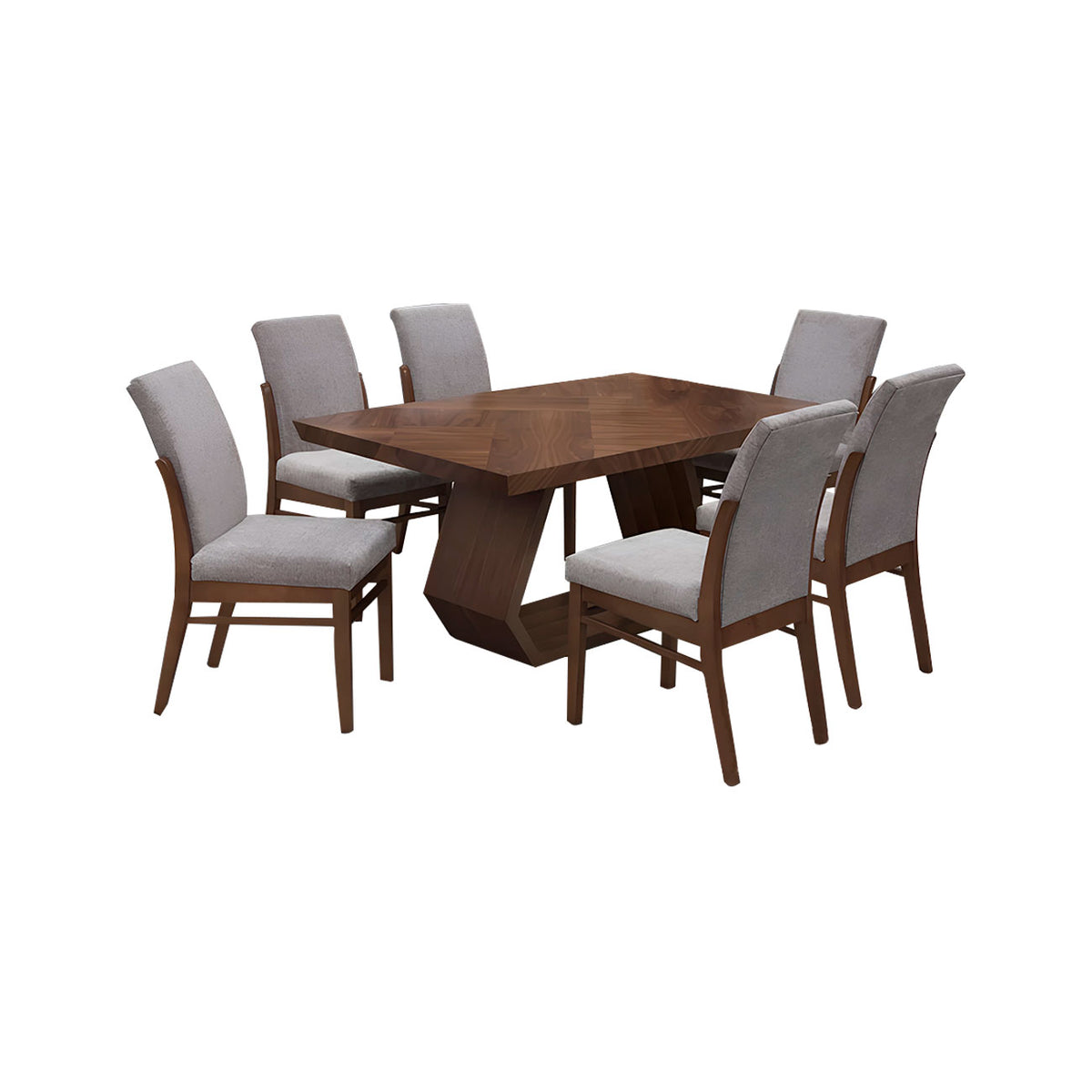 Comedor London Nogal mate con 6 sillas tapizadas en gris