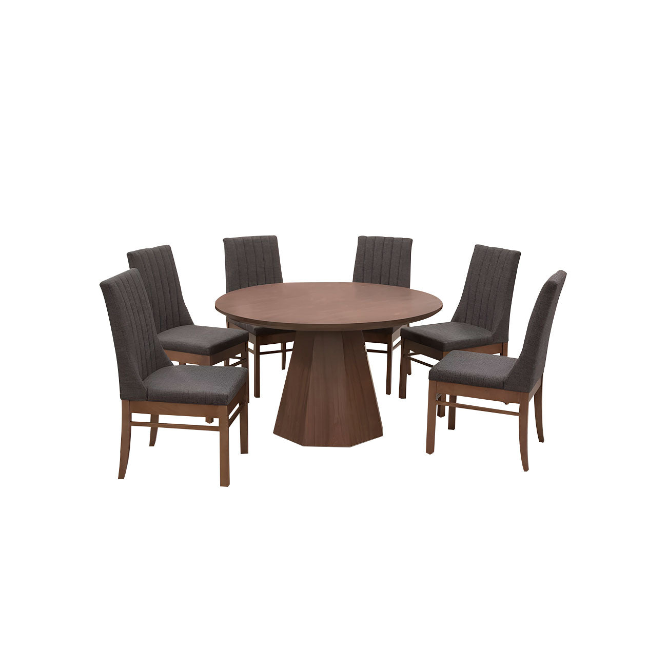 Comedor Barcelona Red de mesa redonda con 6 sillas tapizadas en gris